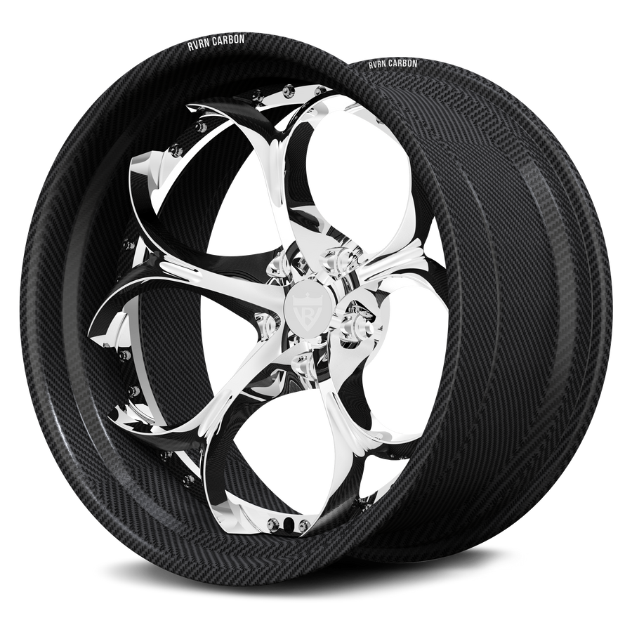 Corvette C8 Z06 custom wheels, RVRN RV-DS016 full polished face with genuine carbon fiber barrel fluid twisting split 5-spoke 2-piece angled view.
