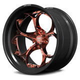 Ferrari SF90 carbon fiber wheels, RVRN RV-DS016 polished rose gold face with genuine carbon fiber barrel deep-dish 2-piece angled view.