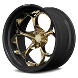 Lamborghini Revuelto aftermarket wheels, RVRN RV-DS016 polished frozen gold face with genuine carbon fiber barrel motorsport-grade angled view.