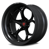 Porsche 911 GT3 RS custom wheels, RVRN RV-DS016 gloss black face with genuine carbon fiber barrel organic 5-spoke angled view.