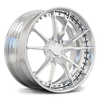 Shelby GT500 custom polished wheels, RVRN RV-DS477 all polished 10-spoke 2-piece deep lip forged wheels angled view.