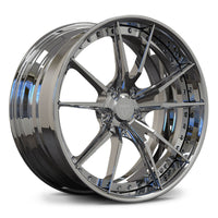 Maserati GranTurismo custom chrome wheels, RVRN RV-DS477 full chrome 10-spoke 2-piece deep lip wheels angled view.