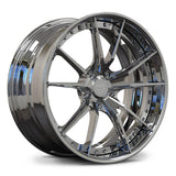Maserati GranTurismo custom chrome wheels, RVRN RV-DS477 full chrome 10-spoke 2-piece deep lip wheels angled view.