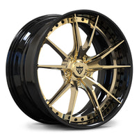 Porsche 911 custom forged wheels, RVRN RV-DS477 gloss black and polished frozen gold 10-spoke 2-piece deep lip wheels angled view.