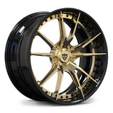 Porsche 911 custom forged wheels, RVRN RV-DS477 gloss black and polished frozen gold 10-spoke 2-piece deep lip wheels angled view.