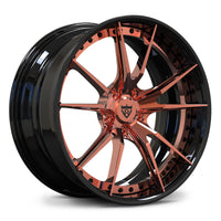 BMW M4 custom performance wheels, RVRN RV-DS477 gloss black and polished rose gold 10-spoke 2-piece deep lip forged rims angled view.