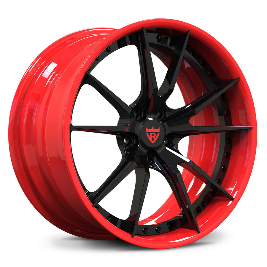 Ford Mustang Shelby GT500 custom wheels, RVRN RV-DS477 Gloss Black spoke with Gloss Red rim 10-spoke 2-piece deep lip wheels.
