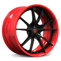 Ford Mustang Shelby GT500 custom wheels, RVRN RV-DS477 Gloss Black spoke with Gloss Red rim 10-spoke 2-piece deep lip wheels.