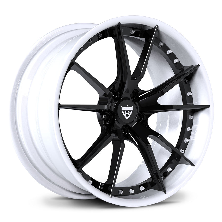 Toyota GR Supra custom white wheels, RVRN RV-DS477 Gloss Black spoke with Gloss White rim 10-spoke 2-piece deep lip wheels.