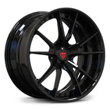 Chevrolet Corvette C8 custom black wheels, RVRN RV-DS477 gloss black 10-spoke 2-piece deep lip forged wheels angled view.