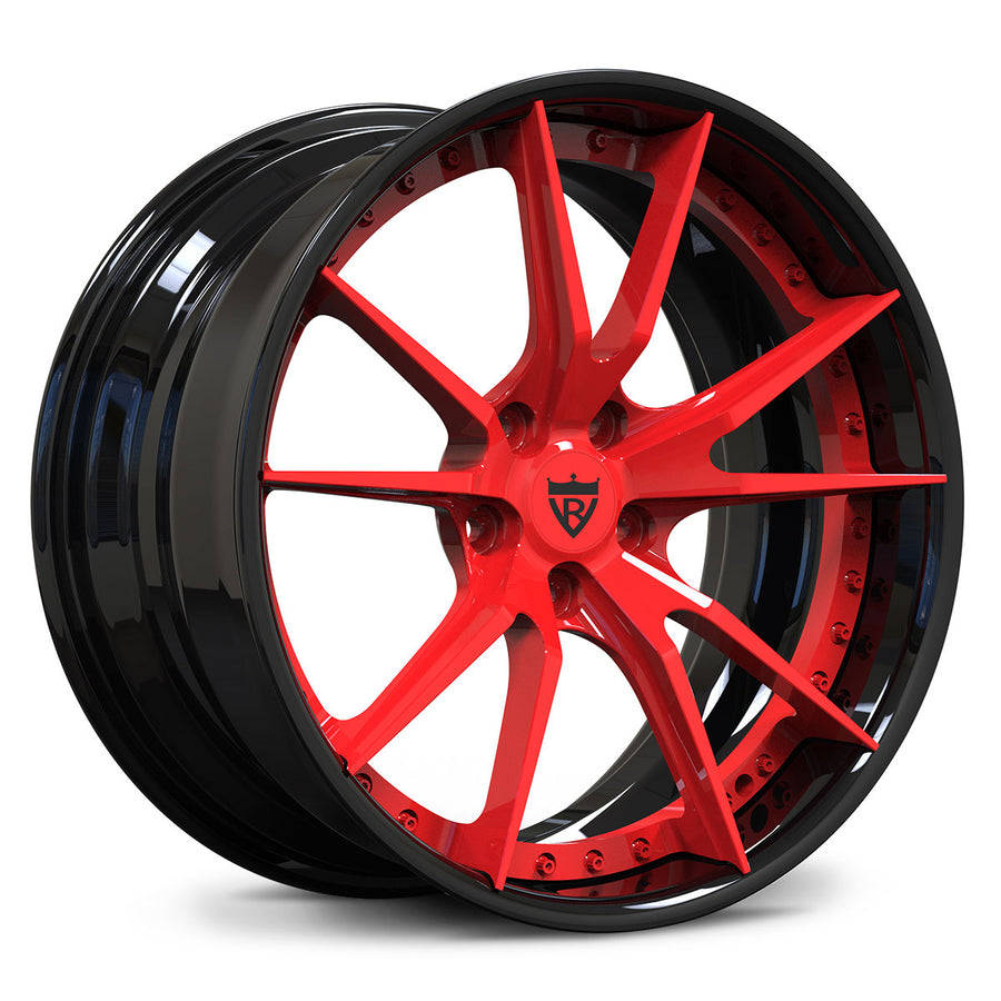 Chevrolet Corvette C8 custom red wheels, RVRN RV-DS477 Gloss Red spoke with Gloss Black rim 10-spoke 2-piece deep lip wheels.

