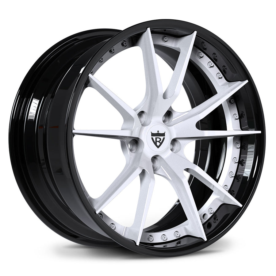 Nissan GTR custom white wheels, RVRN RV-DS477 Gloss White spoke with Gloss Black rim 10-spoke 2-piece deep lip forged rims.