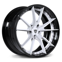 Nissan GTR custom white wheels, RVRN RV-DS477 Gloss White spoke with Gloss Black rim 10-spoke 2-piece deep lip forged rims.