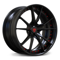 RVRN RV-DS477 custom forged wheels, 10-spoke matte black face with matte red hardware details 2-piece deep lip rims angled view.