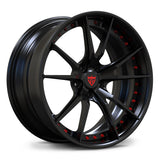 RVRN RV-DS477 custom forged wheels, 10-spoke matte black face with matte red hardware details 2-piece deep lip rims angled view.