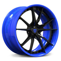 BMW M4 custom blue wheels, RVRN RV-DS477 Gloss Black spoke with Ocean Blue rim 10-spoke 2-piece deep lip forged wheels.