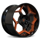 Corvette C8 Stingray custom wheels, RVRN RV-DC491 gloss black to sebring orange gradient face with gloss black barrel concave split 5-spoke angled view.