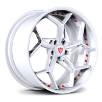 Porsche 911 custom white wheels, RVRN RV-DV03 all Gloss White directional Y-spoke 2-piece deep dish forged wheels angled view.