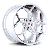 Porsche 911 custom white wheels, RVRN RV-DV03 all Gloss White directional Y-spoke 2-piece deep dish forged wheels angled view.