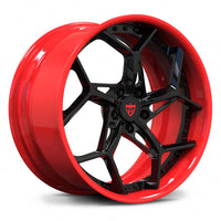 Shelby GT500 custom forged wheels, RVRN RV-DV03 Gloss Black spoke with Gloss Red rim directional Y-spoke 2-piece deep dish wheels.