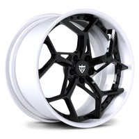 Nissan GTR custom white wheels, RVRN RV-DV03 Gloss Black spoke with Gloss White rim directional Y-spoke 2-piece deep dish rims.