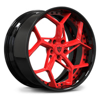 Corvette C8 custom red wheels, RVRN RV-DV03 Gloss Red spoke with Gloss Black rim directional Y-spoke 2-piece deep dish forged wheels.