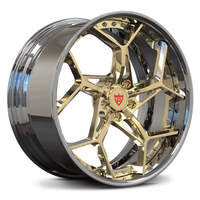 Maserati GranTurismo custom luxury wheels, RVRN RV-DV03 polished frozen gold and chrome directional Y-spoke 2-piece deep dish wheels angled view.