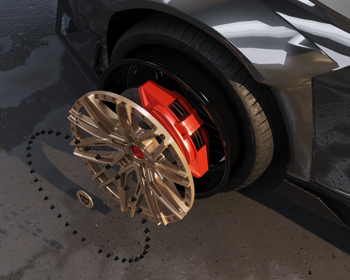 Structural component breakdown of RVRN custom modular wheel, highlighting barrels, face, and hardware for bespoke vehicle fitment.