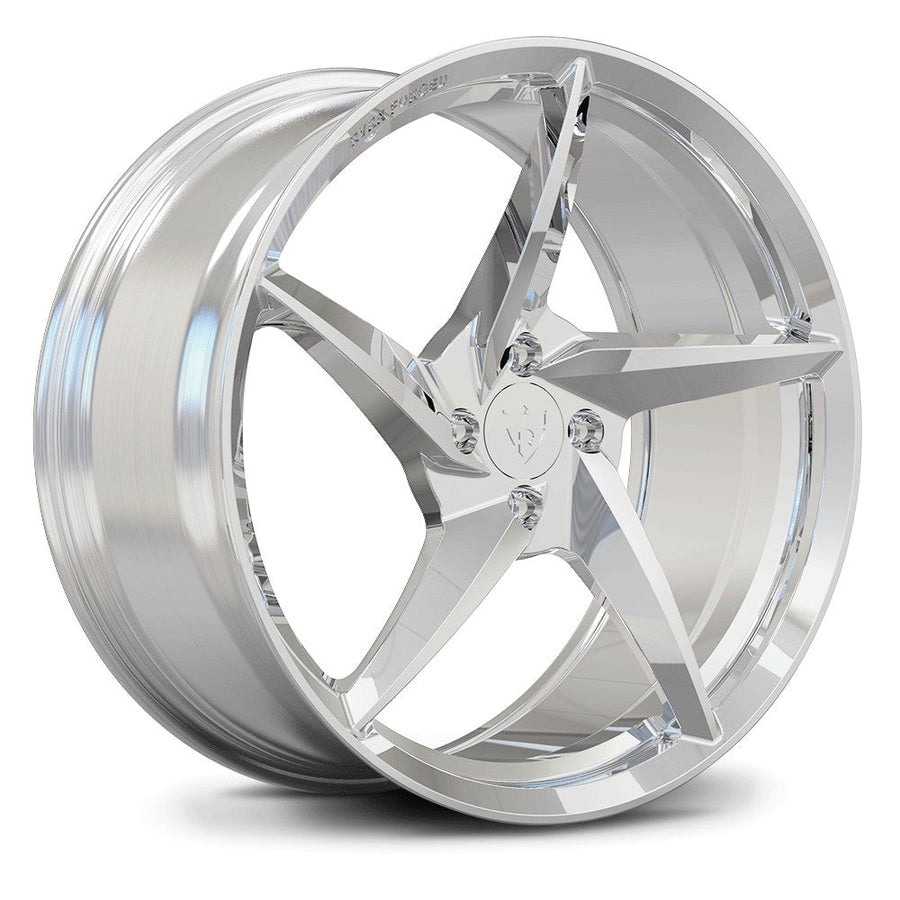 Polished silver directional forged wheels RV-MC35, custom engineered for Rivian R2, Tesla Model Y, and electric SUV performance.
