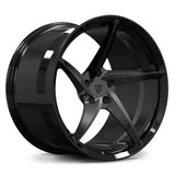 RVRN RV-MC35 monoblock custom forged wheels, dark gunmetal finish with aerodynamic directional design for Rivian R2 and Tesla Model Y.
