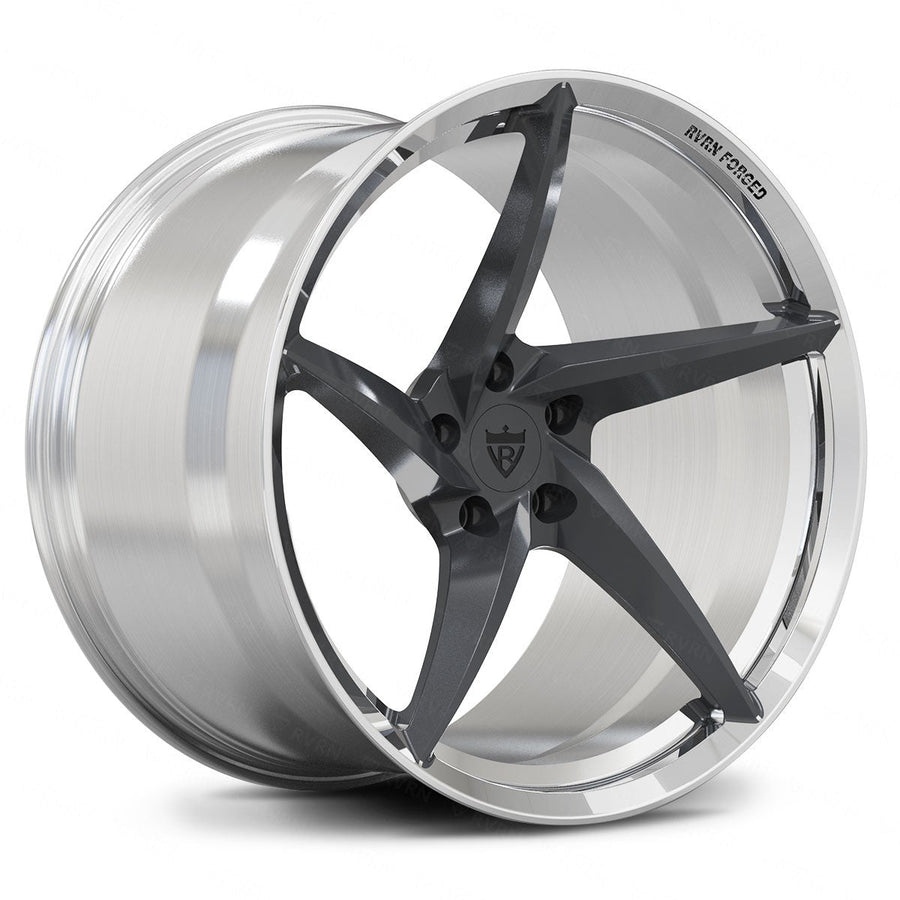 RVRN RV-MC35 directional 5-spoke forged wheels, dual-tone gunmetal gray finish, engineered for Rivian R2 and electric SUV builds.