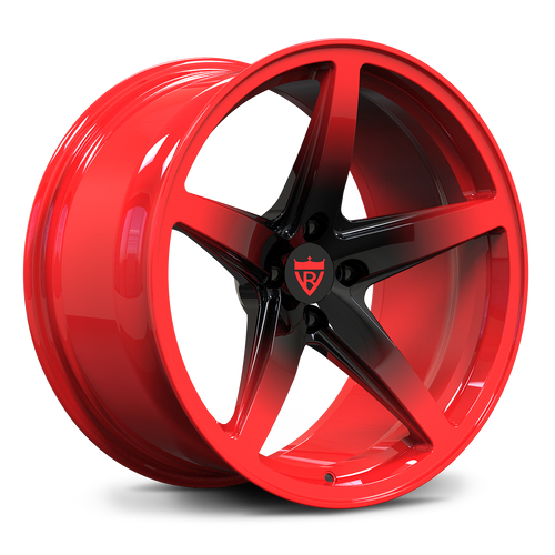 Digital rendering of RV-MF15 wheels with red accents, engineered for JDM platforms.