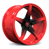 Digital rendering of RV-MF15 wheels with red accents, engineered for JDM platforms.