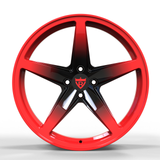 Detail view of RV-MF15 forged wheel spokes with precision-machined red accents.