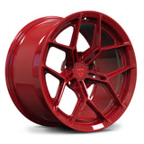 MR615 forged monoblock wheel in gloss red, deep concave Y-spoke profile