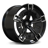 RVRN RV-MX25 monoblock wheels for BMW XM, gloss black with machined silver accents.