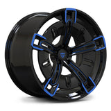 RV-MX25 custom monoblock wheels for BMW XM, gloss black with electric blue detailing.