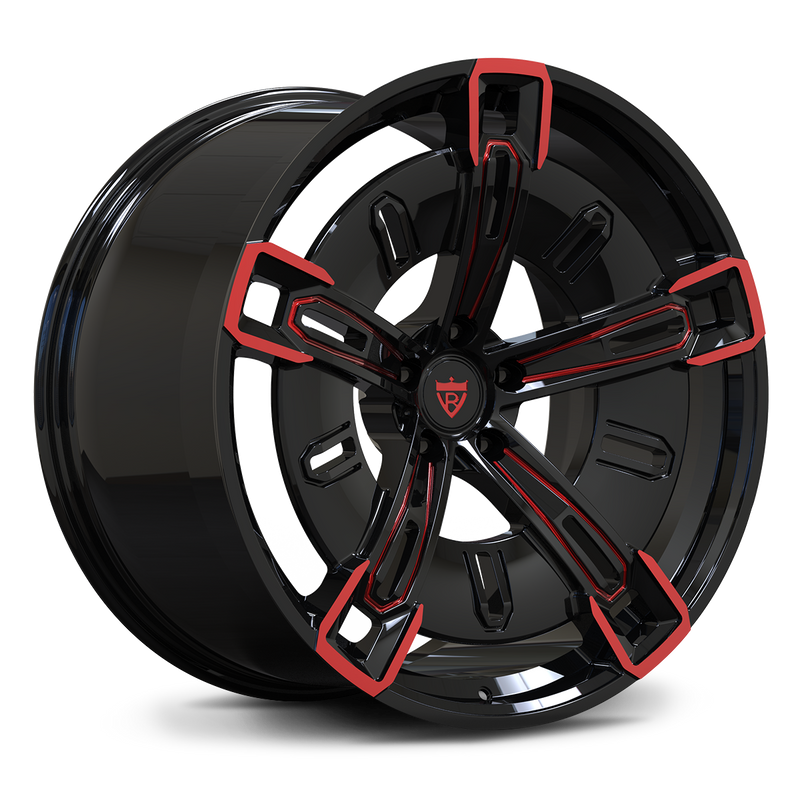 Digital rendering of RV-MX25 forged wheels with red accents for BMW platforms.