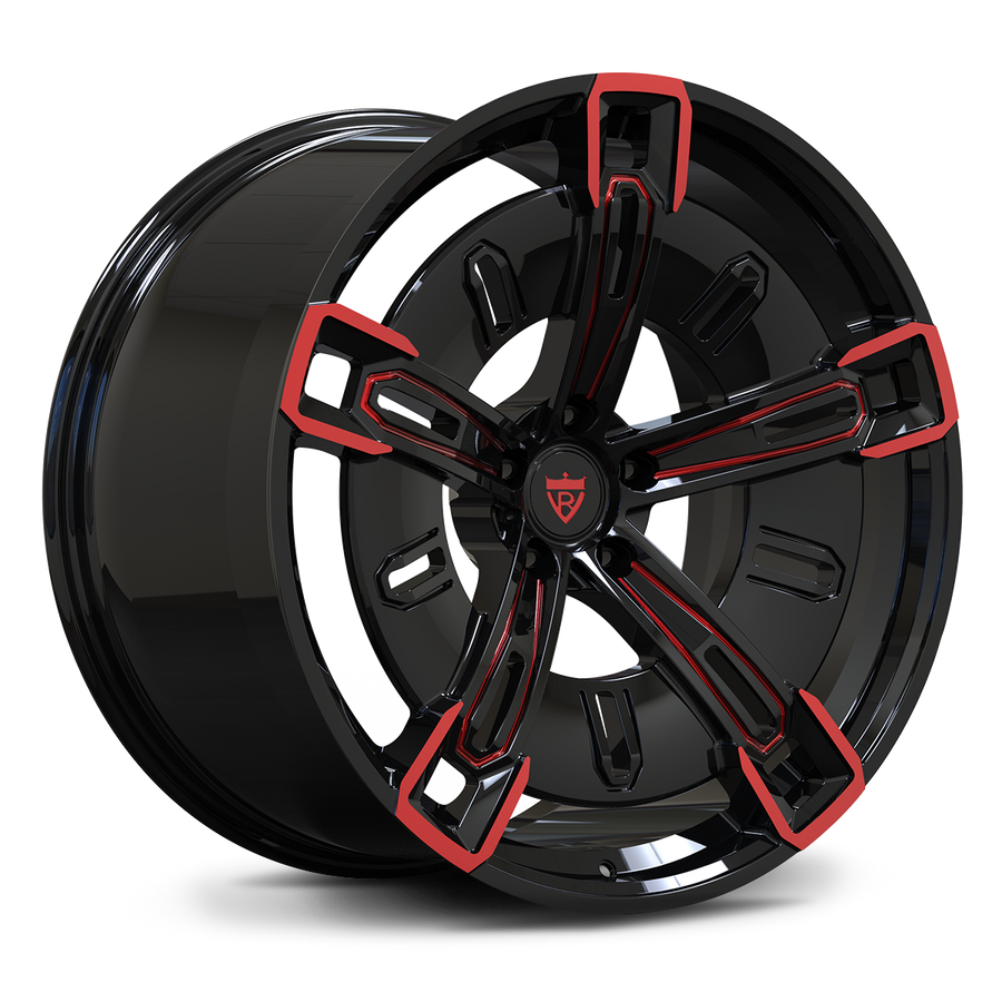 Digital rendering of RV-MX25 forged wheels with red accents for BMW platforms.