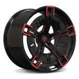 Digital rendering of RV-MX25 forged wheels with red accents for BMW platforms.