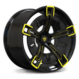 BMW XM aftermarket forged wheels RV-MX25, gloss black with racing yellow accents.