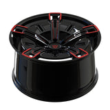 Close-up detail of RV-MX25 forged wheel spokes with color-accenting.