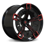 RVRN RV-MX25 forged wheels for BMW XM, gloss black with red spoke accents.