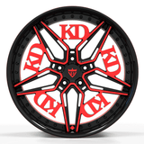 RVRN RB-01 forged bespoke wheels for BMW M4 featuring a bold red and black custom finish and lightweight performance construction