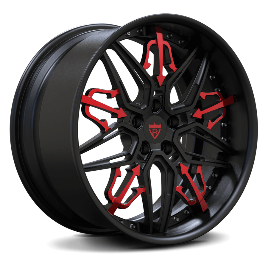 RVRN RM-01 custom forged 2-piece Maserati GranTurismo Trofeo wheels in black with red accents, featuring deep dish construction, distinctive Trident spoke styling and personalized performance wheel fitment.