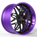RVRN RM-01 custom forged Maserati MC20 wheels in purple with black accents, featuring a 2-piece deep dish profile, distinctive Trident spoke design and personalized lightweight performance wheel styling.