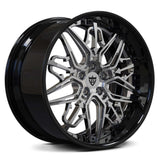 RVRN RM-01 custom forged Porsche Panamera wheels in black with chrome accents, combining 2-piece construction, deep dish styling and distinctive Trident-inspired multi-spoke detailing for a bold performance appearance.