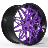 RVRN RM-01 Porsche Panamera custom wheels in purple with black accents, combining forged 2-piece construction, deep dish styling and bold Y-spoke detailing with customizable sizing and offset for precise fitment.