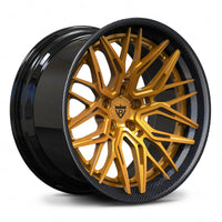 RVRN RV-C081 custom forged 2-piece concave carbon fiber wheel with brushed gold spokes, carbon fiber wrapped lip and gloss black barrel for Corvette builds
