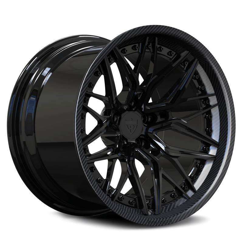 Custom forged concave carbon fiber wheel design, showcasing a sleek black finish and intricate detailing for style and performance.